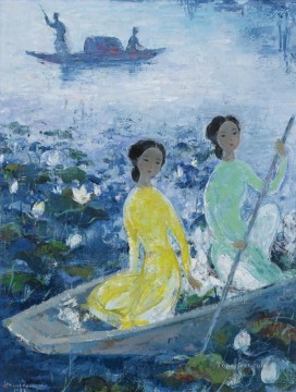 Asian Painting - VCD Ladies Boating in Lotus Pond Asian